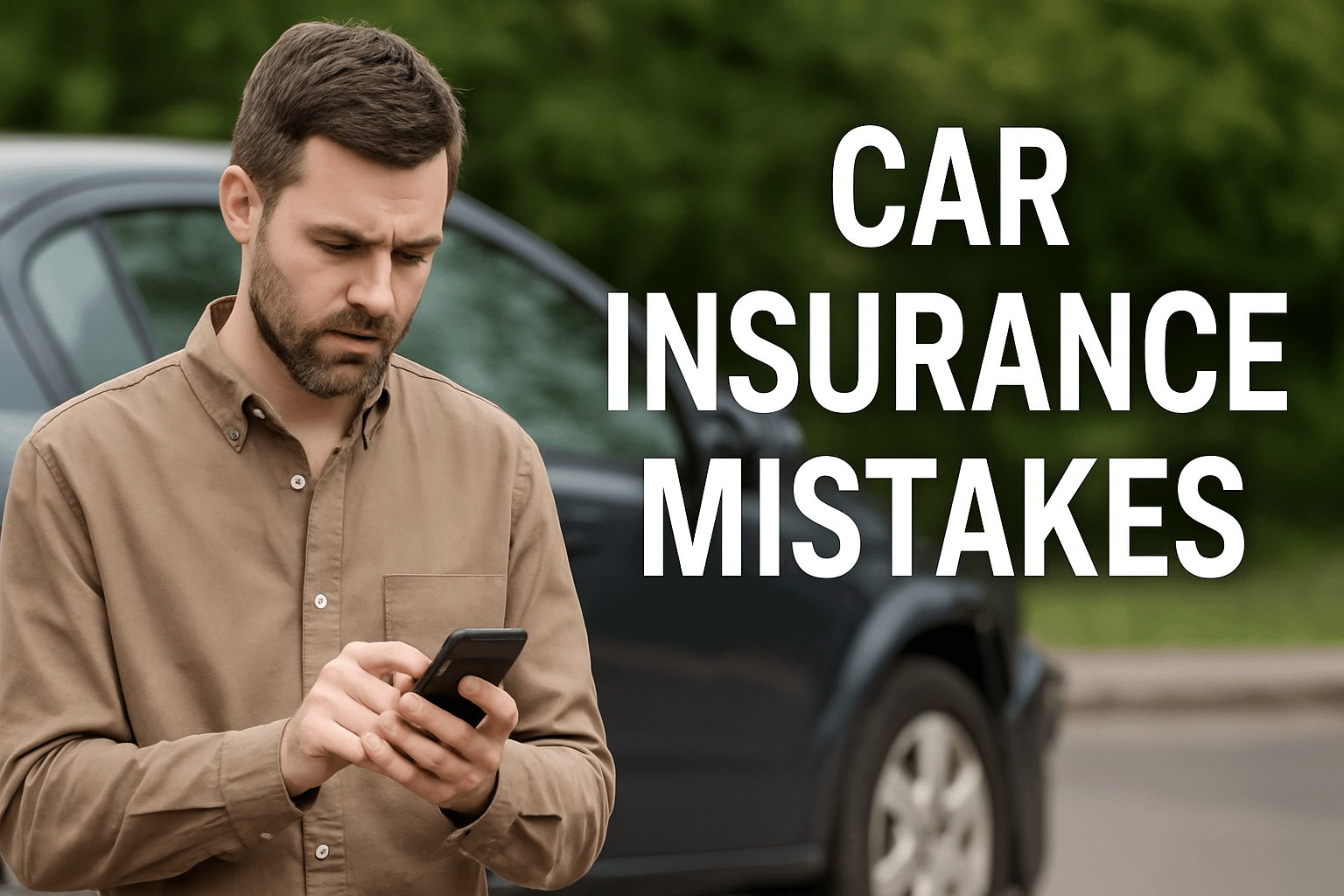 A worried man reviewing car insurance papers after an accident with a damaged car in the background.