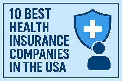 "Thumbnail with title 10 Best Health Insurance Companies in the USA, blue shield with medical cross and human icon"