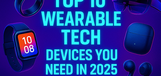 Vibrant thumbnail showing “Top 10 Wearable Tech Devices You Need in 2025” in glowing cyan text, surrounded by smart ring, AR glasses, smartwatch, and wireless earbuds on a deep purple gradient background.