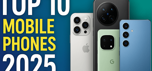 Four upcoming smartphones of 2025, including iPhone, Google Pixel, Vivo, and Samsung Galaxy, arranged against a modern gradient background with bold title text “Top 10 Mobile Phones 2025.”