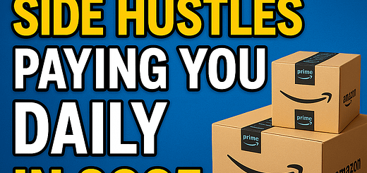 "Thumbnail showing text '7 Amazon Side Hustles Paying You Daily in 2025' with Amazon boxes on a blue background."