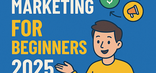 Cartoon-style illustration with the title "Affiliate Marketing for Beginners 2025," showing a smiling young man at a laptop and icons representing link sharing, money, and promotion.