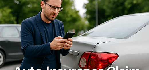 A man in his 30s stands beside a damaged silver car, using his smartphone to file an auto insurance claim.