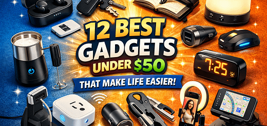 Collection of affordable tech gadgets under $50 including wireless earbuds, smart plugs, mini tools, and desk accessories on a colorful background with text “12 Best Gadgets Under $50 That Make Life Easier”.