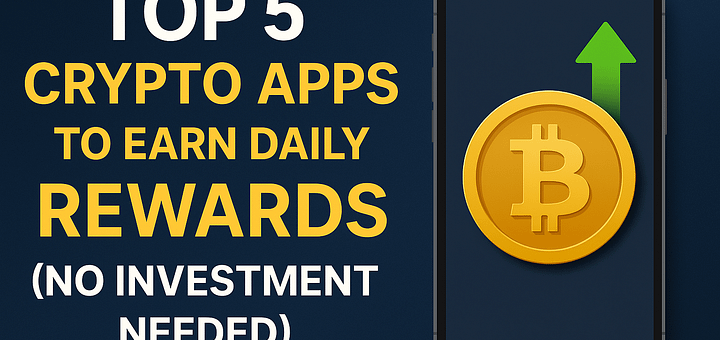 "Top 5 crypto apps to earn daily rewards in 2025, no investment needed, featuring smartphone and Bitcoin symbol"