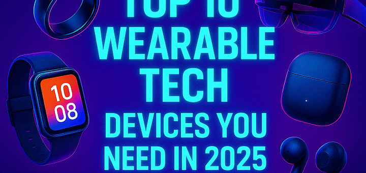 Vibrant thumbnail showing “Top 10 Wearable Tech Devices You Need in 2025” in glowing cyan text, surrounded by smart ring, AR glasses, smartwatch, and wireless earbuds on a deep purple gradient background.