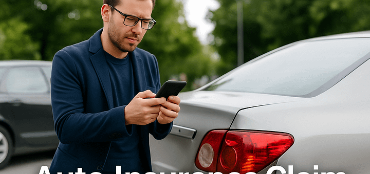 A man in his 30s stands beside a damaged silver car, using his smartphone to file an auto insurance claim.
