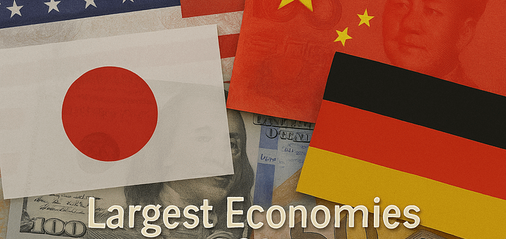 Rectangular infographic showing flags and currency notes of the top 10 largest economies in the world for 2025, with small, eye-catching text.