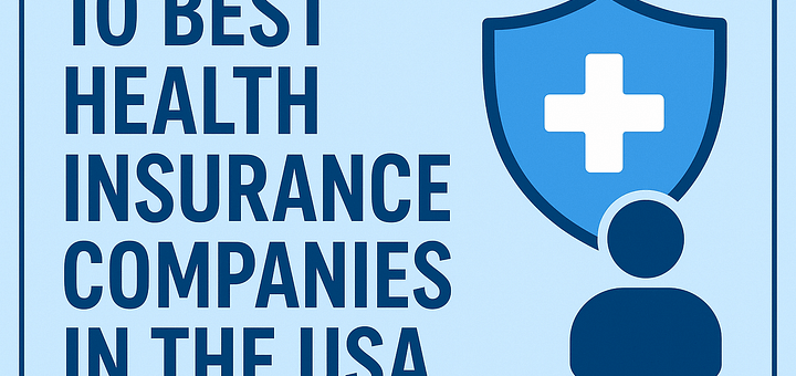 "Thumbnail with title 10 Best Health Insurance Companies in the USA, blue shield with medical cross and human icon"