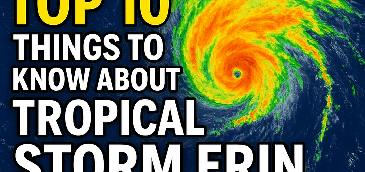 Satellite view of Tropical Storm Erin with bold text overlay reading "Top 10 Things to Know."