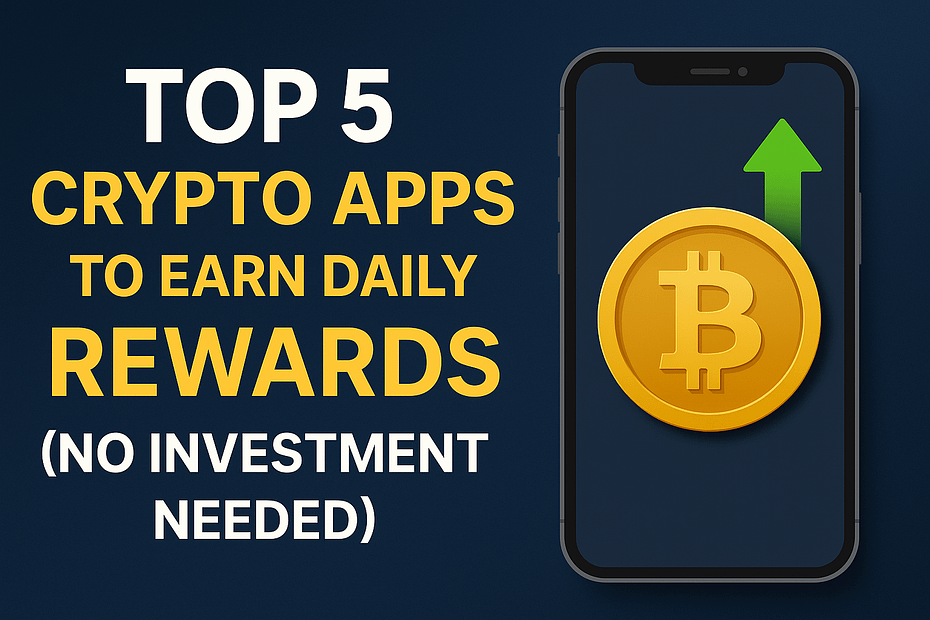 "Top 5 crypto apps to earn daily rewards in 2025, no investment needed, featuring smartphone and Bitcoin symbol"