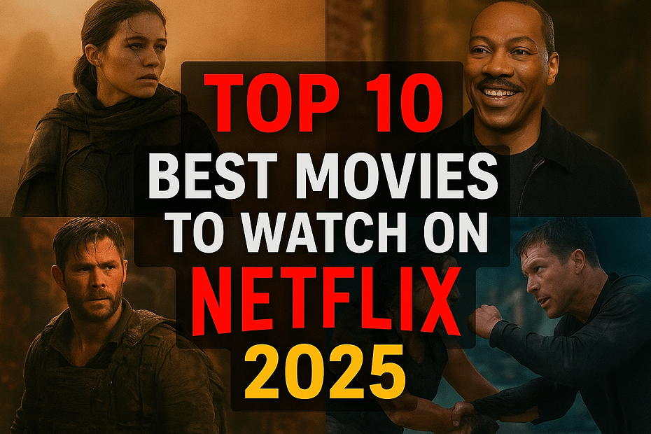 Collage of four popular Netflix movie scenes featuring top actors, with bold text reading “Top 10 Best Movies to Watch on Netflix 2025.”