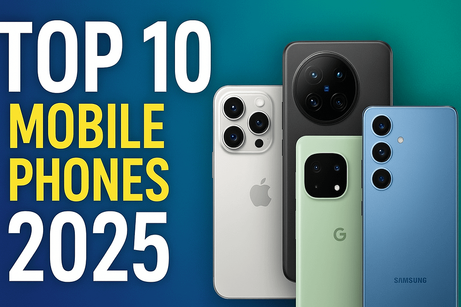 Four upcoming smartphones of 2025, including iPhone, Google Pixel, Vivo, and Samsung Galaxy, arranged against a modern gradient background with bold title text “Top 10 Mobile Phones 2025.”