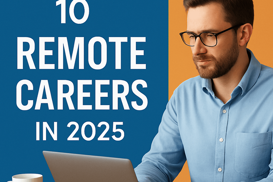 10 Remote Careers in 2025 thumbnail – remote worker on laptop with coffee mug