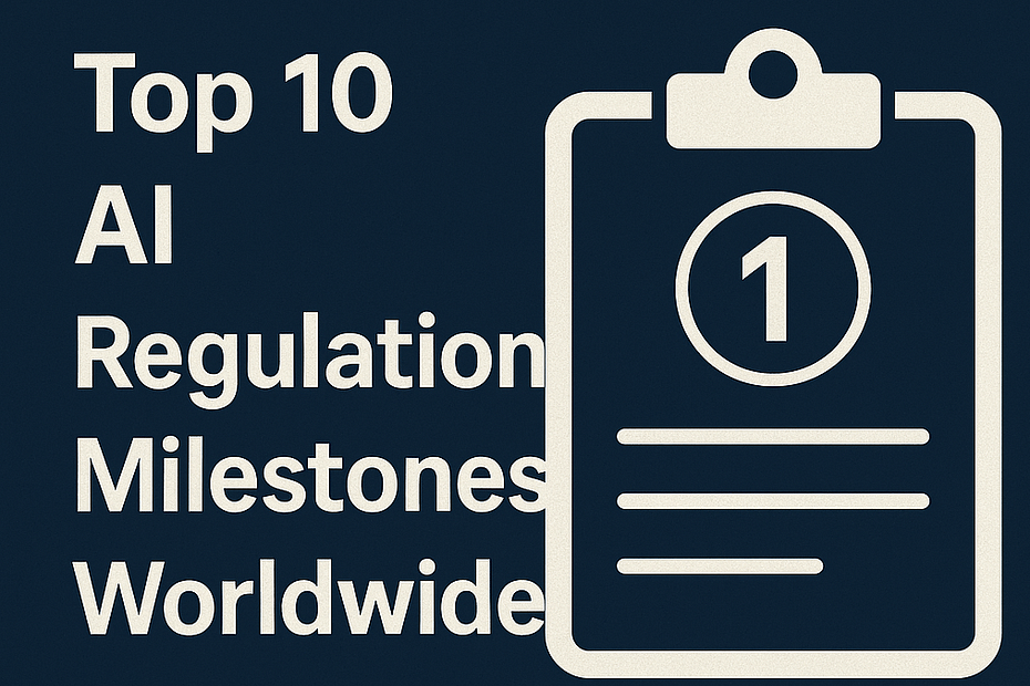 Top 10 AI Regulation Milestones Worldwide – blog thumbnail with small text and clipboard icon.