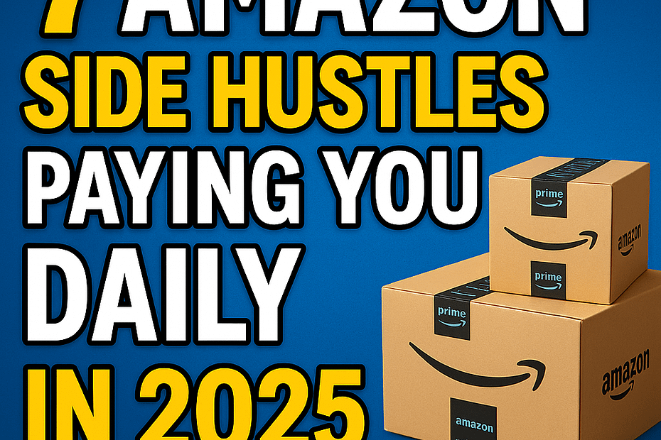 "Thumbnail showing text '7 Amazon Side Hustles Paying You Daily in 2025' with Amazon boxes on a blue background."