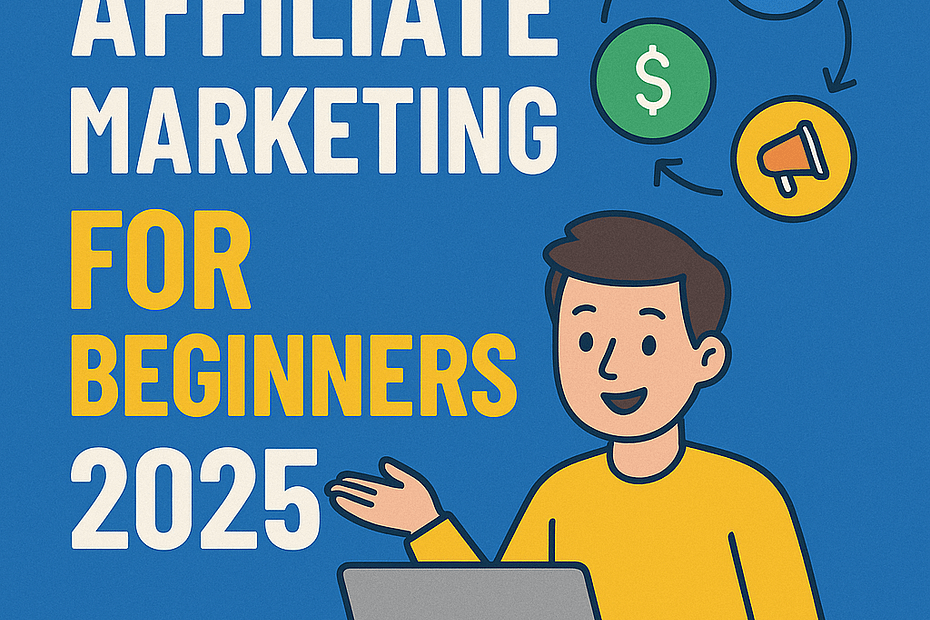 Cartoon-style illustration with the title "Affiliate Marketing for Beginners 2025," showing a smiling young man at a laptop and icons representing link sharing, money, and promotion.