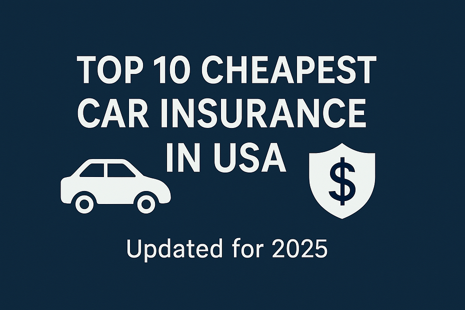 Featured image showing top 10 cheapest car insurance companies in the USA with car and money icons, updated for 2025.