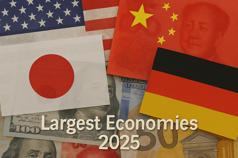 Rectangular infographic showing flags and currency notes of the top 10 largest economies in the world for 2025, with small, eye-catching text.
