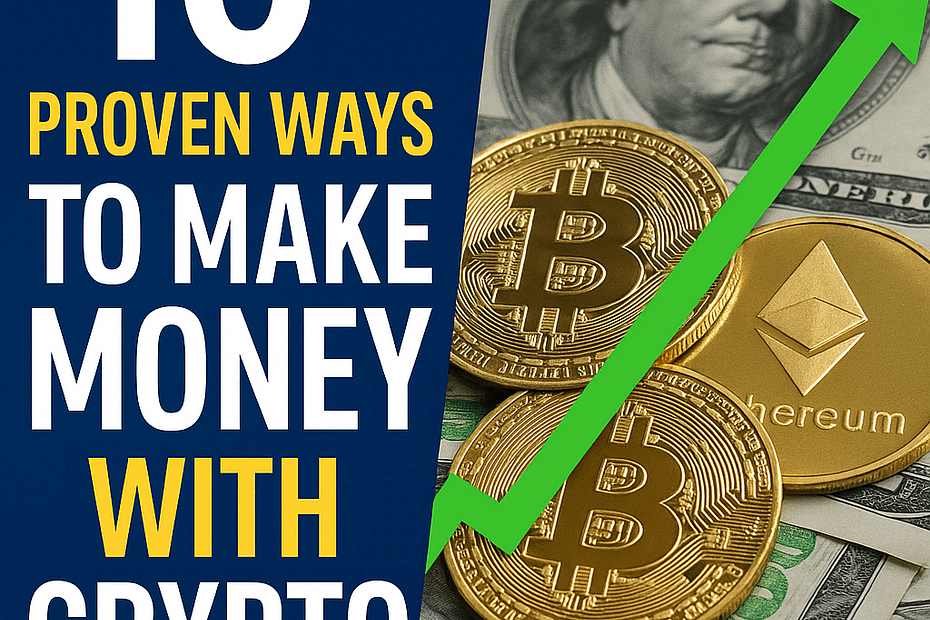 0 proven ways to make money with cryptocurrency – thumbnail with Bitcoin, Ethereum, dollar bills, and upward arrow.”