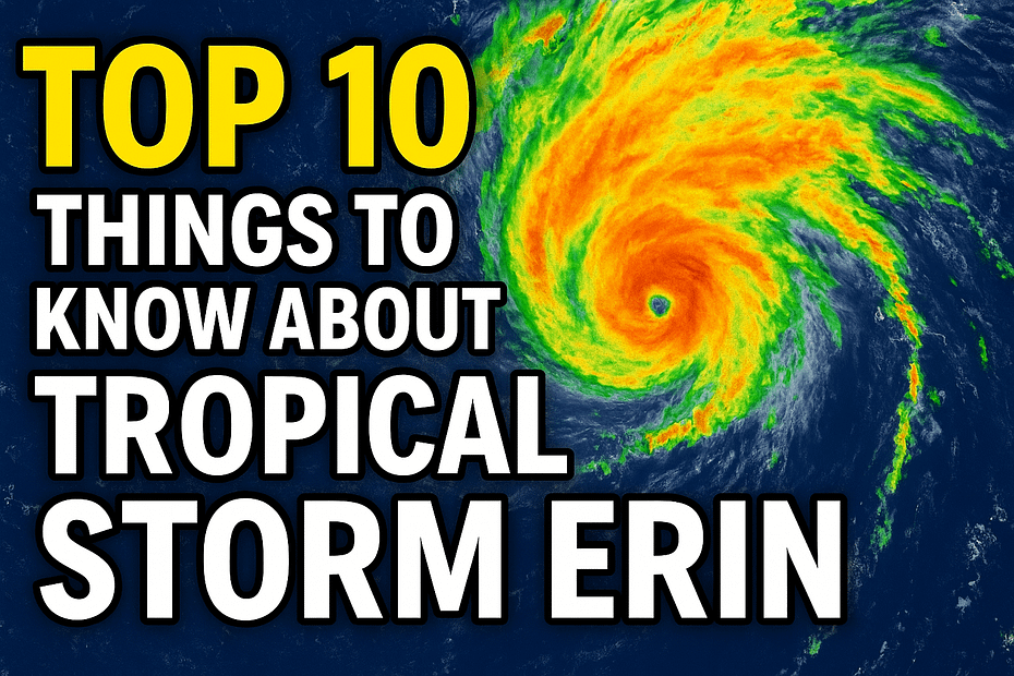 Satellite view of Tropical Storm Erin with bold text overlay reading "Top 10 Things to Know."